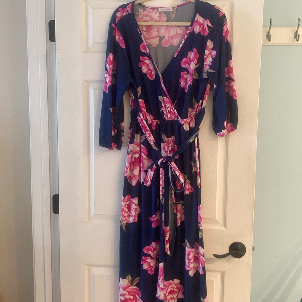 Navy blue pink flowered maxi dress